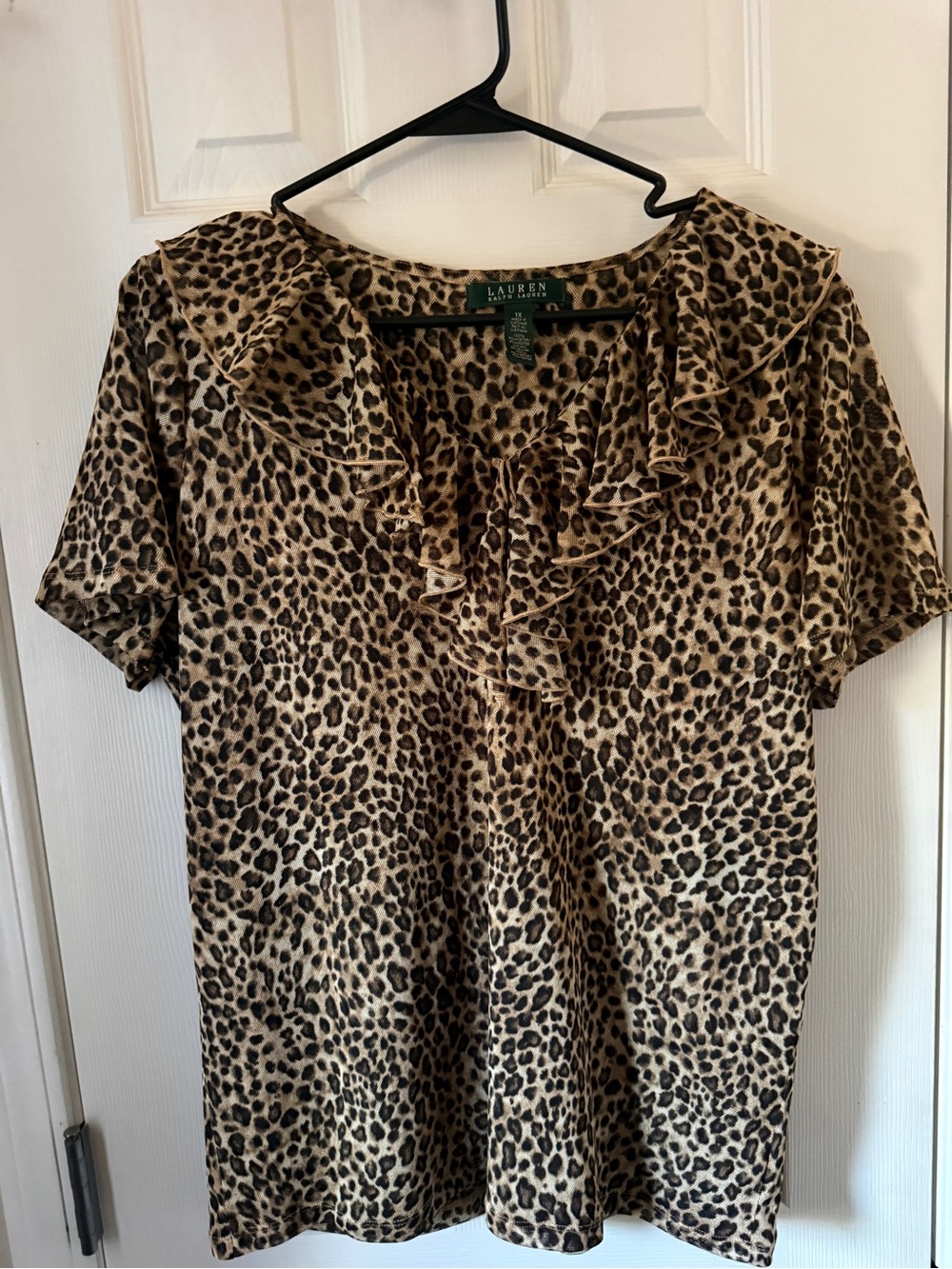Ralph Lauren Leopard Print Ruffle V-Neck Short Sleeve Top - Tan & Black